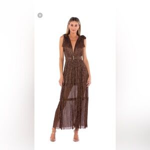 NWOT Sabina Musayev Helena Metallic Tiered Maci Dress in Bronze in Size Small